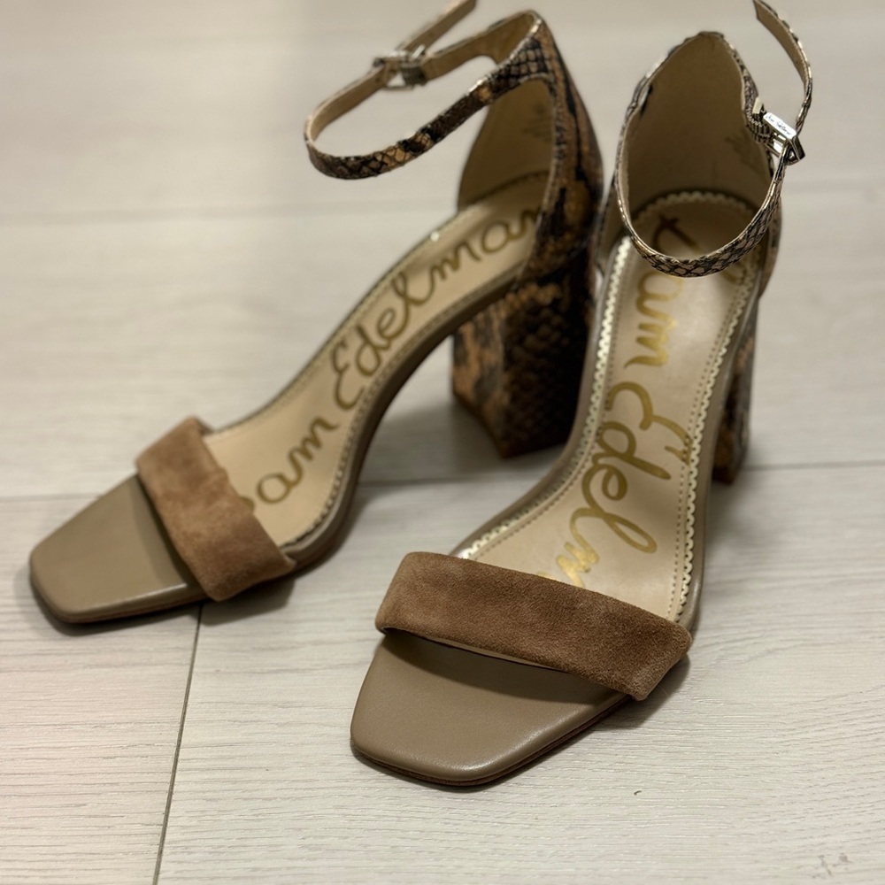 Sam Edelman Tan and Brown Snakeskin Heels